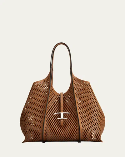 Tod's Medium Laser-cut Leather Shopping Tote Bag In Kenia Scuro