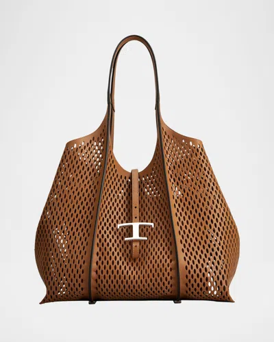 Tod's Medium Laser-cut Leather Shopping Tote Bag In Kenia Scuro