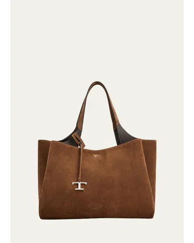 Tod's Medium Logo Suede Tote Bag In Tabacco