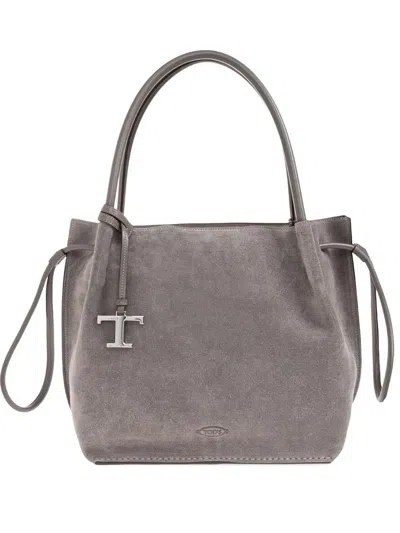 Tod's Medium Suede Bcket In Gray