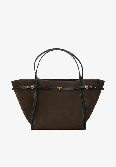 Tod's Medium T Signature Suede Tote Bag In Brown