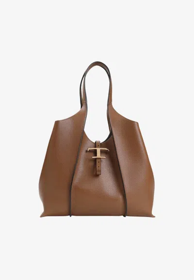 Tod's Medium T Timeless Shoulder Bag In Pebbled Leather In Brown