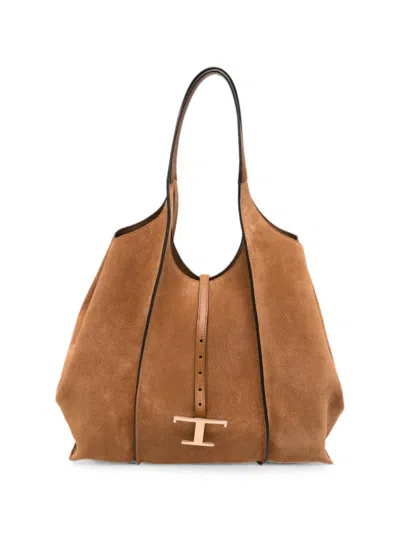 Tod's T Timeless Medium Suede Shoulder Bag In Brown