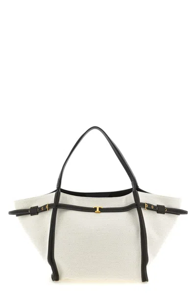 Tod's White Tote Bag With Front Leather Buckled Belt In Cotton Blend Woman