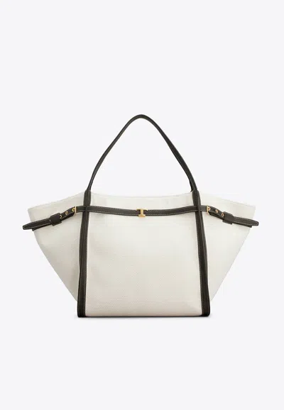 Tod's White Tote Bag With Front Leather Buckled Belt In Cotton Blend Woman