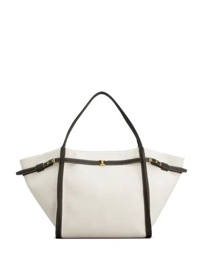 Tod's White Tote Bag With Front Leather Buckled Belt In Cotton Blend Woman