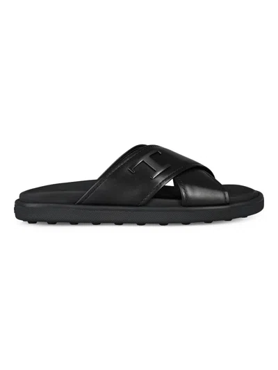 Tod's Men's Black Leather Slide Sandals For Ss24
