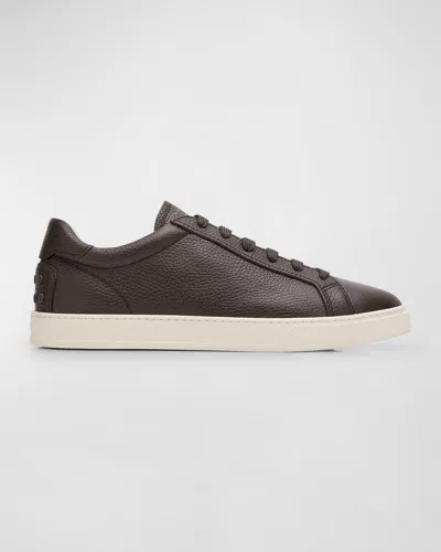 Tod's Men's Grained Leather Low-top Sneakers In Dark Brown