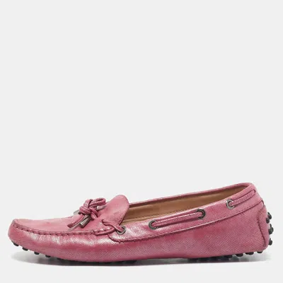 Pre-owned Tod's Metallic Pink Leather Bow Slip On Loafers Size 38