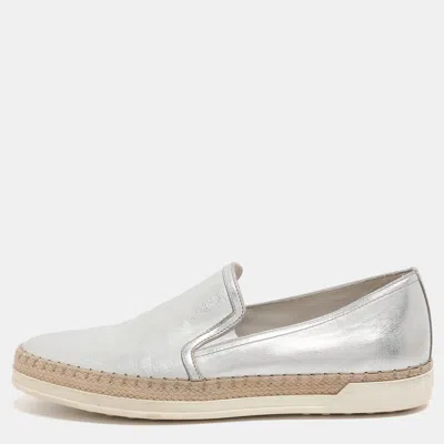 Pre-owned Tod's Metallic Silver Leather Pantofola Espadrille Slip On Sneakers Size 39
