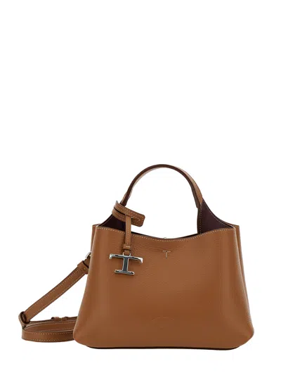 Tod's Micro Beige Handbag With Embossed Logo And T Timeless Pendant In Grain Leather Woman In Brown