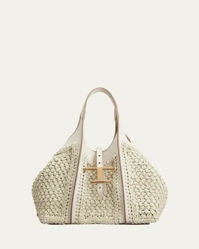Tod's Mini Crochet Shopping Tote Bag In Mastice Bianco Calce