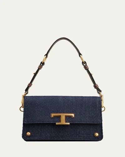 Tod's Mini Flap Denim Shoulder Bag In Blu Marrone Scuro