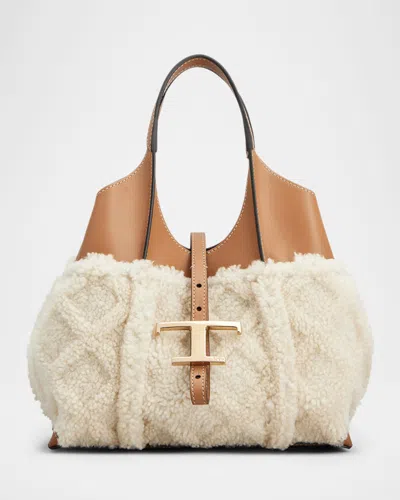 Tod's Mini Leather & Faux Fur Shopping Tote Bag In Bianco Calce Kenia