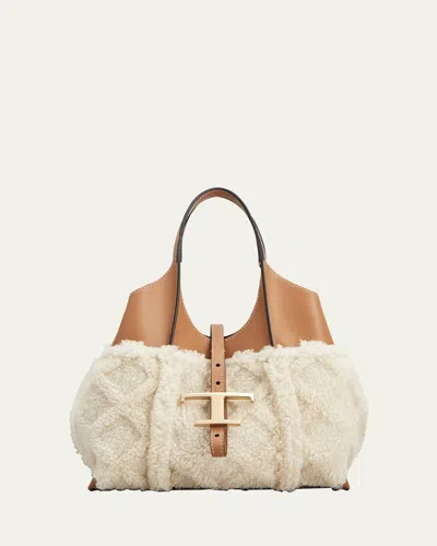 Tod's Mini Leather & Faux Fur Shopping Tote Bag In Bianco Calce Kenia