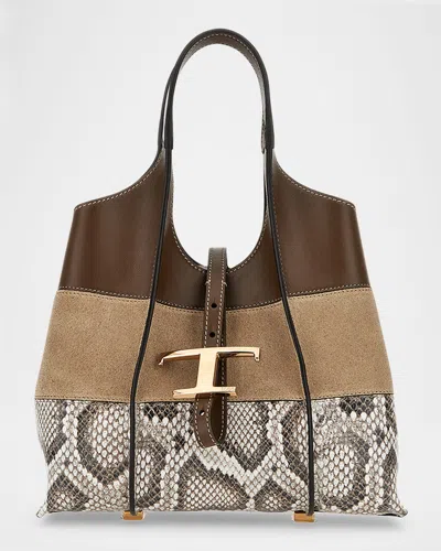 Tod's Mini Mix Suede & Leather Shopping Tote Bag In Trekking Pitone Roccia