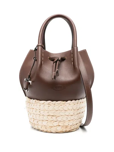 Tod's Mini Straw Leather Bucket Bag In Brown