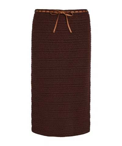 Tod's Minimalist Hollow Crochet Tie-strap Straight Midi Skirt In Brown