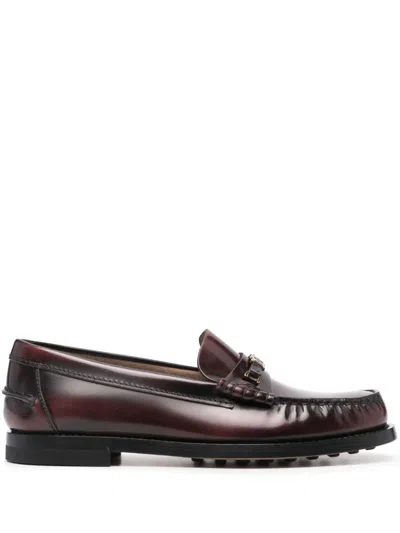 Tod's Moc-stitching Leather Loafers In Red