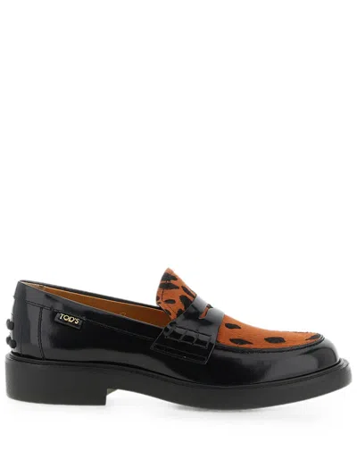 Tod's Mocassini In Pelle Con Inserto Con Stampa Animalier In Black