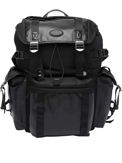 Tod's Medium Leather And Fabric Backpack In Black