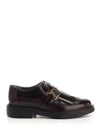 Tod's Burgundy Leather Derby Dress Shoes With Fringed Front And Gold-tone Buckle In Brown