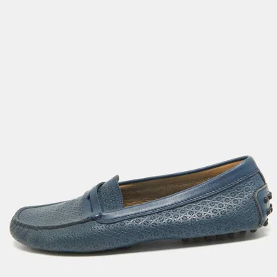 Pre-owned Tod's Navy Blue Leather Laser Cut Penny Loafers Size 38
