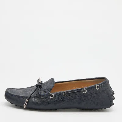 Pre-owned Tod's Navy Blue Lizard Embossed Leather Bow Slip On Loafers Size 36