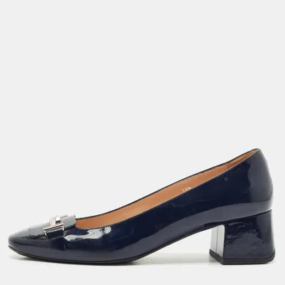 Pre-owned Tod's Navy Blue Patent Leather Block Heel Loafer Pumps Size 39.5