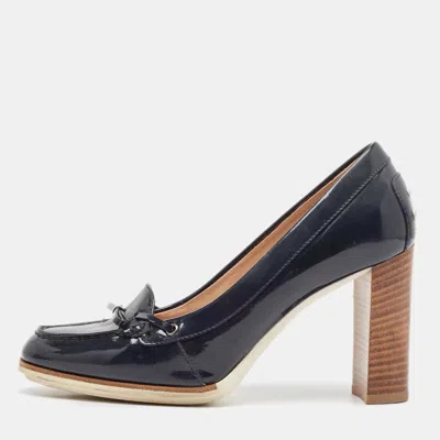 Pre-owned Tod's Navy Blue Patent Leather Block Heel Pumps Size 39.5