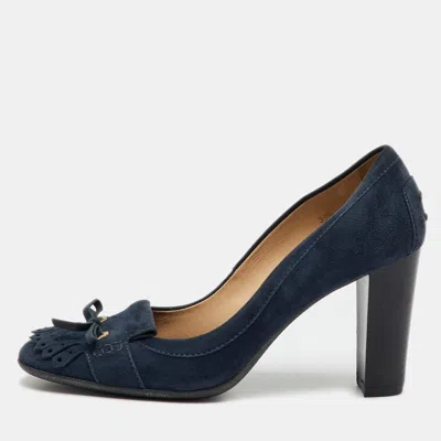 Pre-owned Tod's Navy Blue Suede Tassel Bow Round Toe Pumps Size 39.5