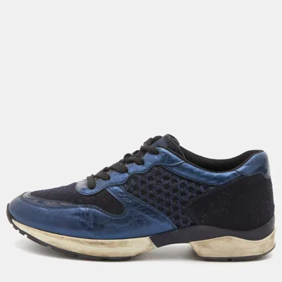 Pre-owned Tod's Navy Blue/black Leather And Mesh Low Top Sneakers Size 37.5