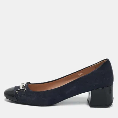 Pre-owned Tod's Navy Blue/black Suede And Leather Double T Court Loafer Pumps Size 39.5