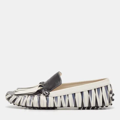 Pre-owned Tod's Navy Blue/white Printed Leather Fringe Slip On Loafers Size 39.5