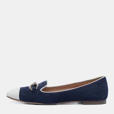 Pre-owned Tod's Navy Blue/white Suede And Leather Chain Cap Toe Ballet Flats Size 39