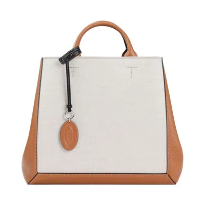 Tod's Nude & Neutrals Women's Grained Leather And Canvas Top-handle Tote For Ss24 In Beige