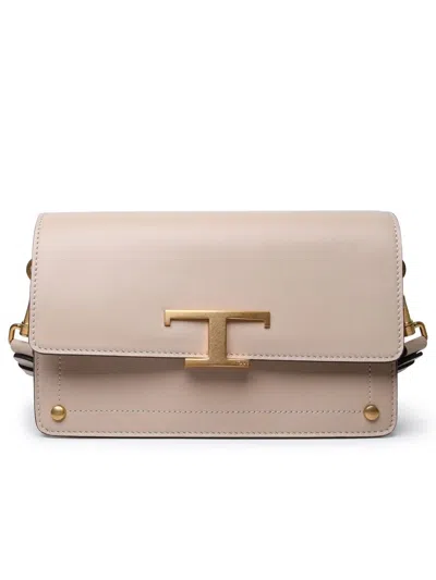 Tod's Nude Leather Handbag With Gold-tone T Timeless Detail In Beige