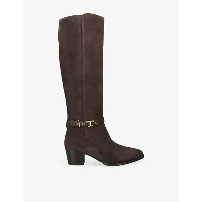 Tod's Ods Womens Gomma Buckled Suede Heeled Knee-high Boots Dark Brown Eur 37 / 4 Uk