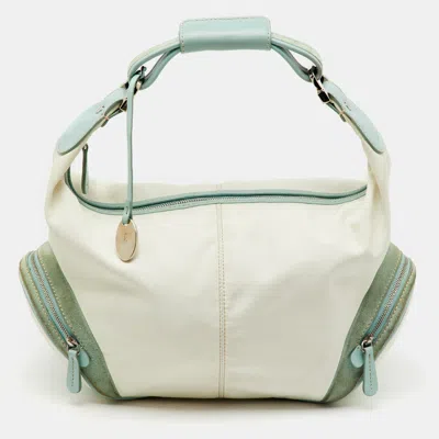 Pre-owned Tod's Off White/green Nylon Suede And Leather Charlotte Hobo