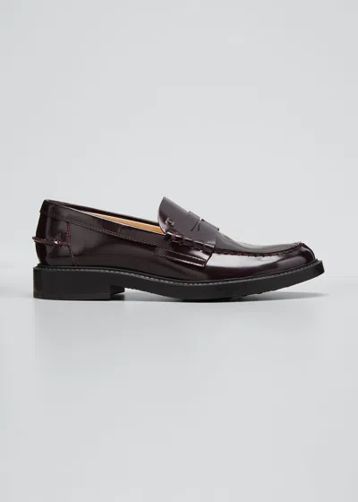 Tod's Patent Flat Penny Loafers In Wine