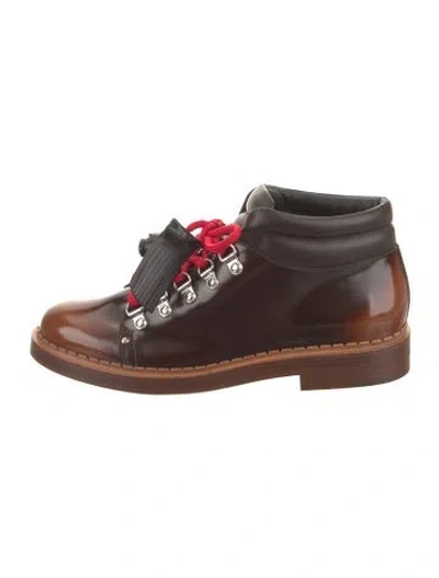 Pre-owned Tod's Patent Leather Colorblock Pattern Lace-up Boots In Brown