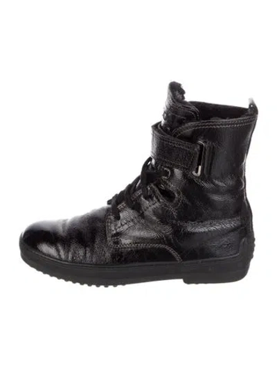 Pre-owned Tod's Patent Leather Combat Boots In Black