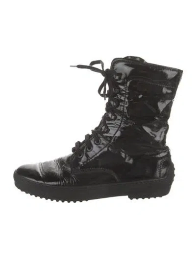 Pre-owned Tod's Patent Leather Combat Boots In Black