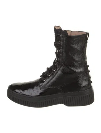 Pre-owned Tod's Patent Leather Combat Boots In Black