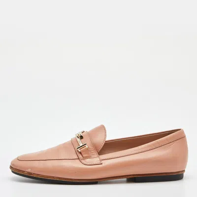 Pre-owned Tod's Peach Leather Double T Slip On Penny Loafers Size 37.5 In Orange