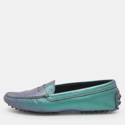Pre-owned Tod's Penny Size 38 Blue Iridescent Leather Loafers