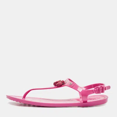 Pre-owned Tod's Pink Rubber Studded Tassel Thong Flat Sandals Size 38