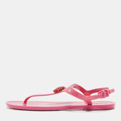 Pre-owned Tod's Pink Rubber Studded Tassel Thong Flat Sandals Size 39