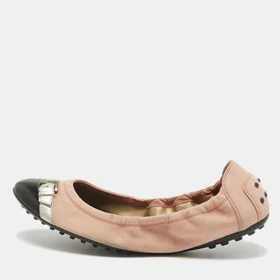 Pre-owned Tod's Pink Suede And Patent Leather Buckle Detail Scrunch Ballet Flats Size 39.5