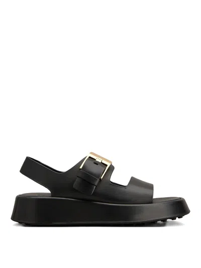 Tod's Leather Sandals With Double Strap And Maxi Buckle In Black